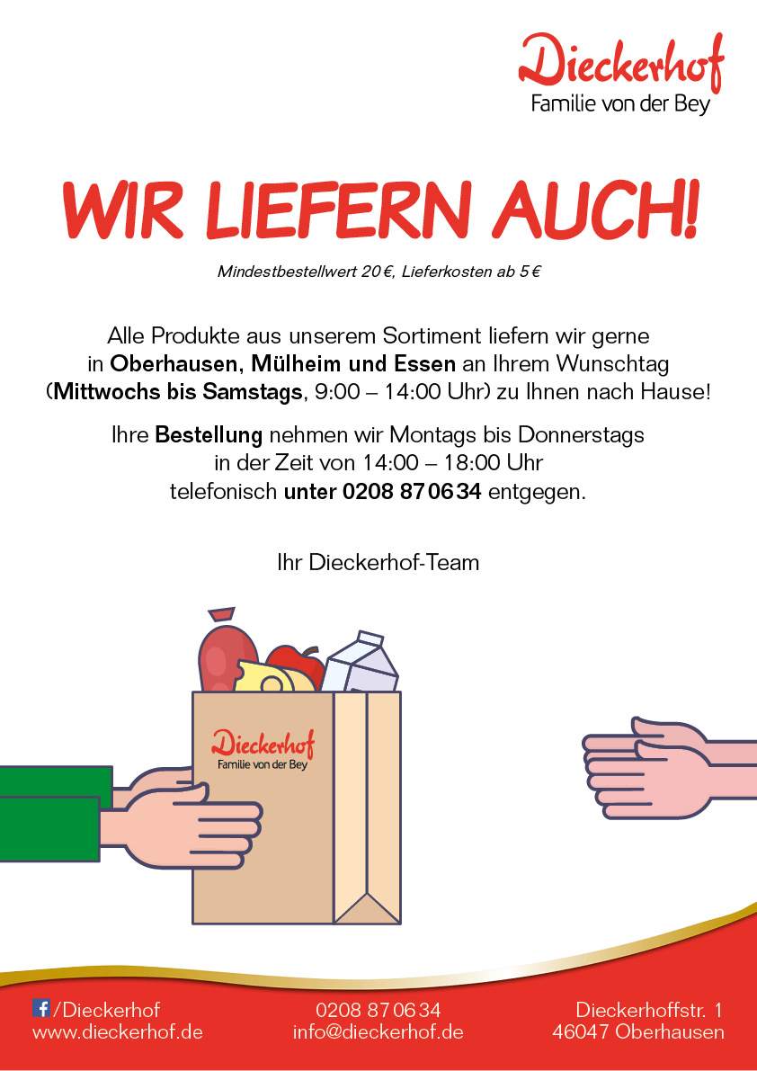 Alle Produkte aus unserem Sortiment liefern wir in Oberhausen, Mülheim und Essen gerne zu Ihnen nach Hause! (Mindestbestellwert 20€, Lieferkosten ab 5€)